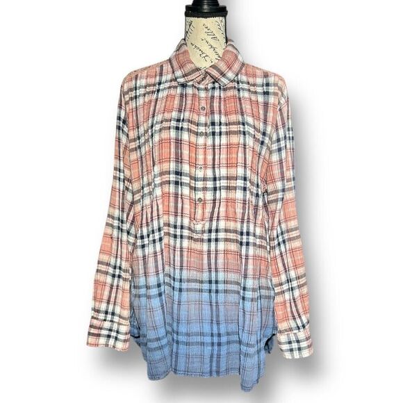 Vintage America Blues XL Plaid Fade Roll Tab Sleeves Back Lace Top Boho Western - Picture 2 of 9